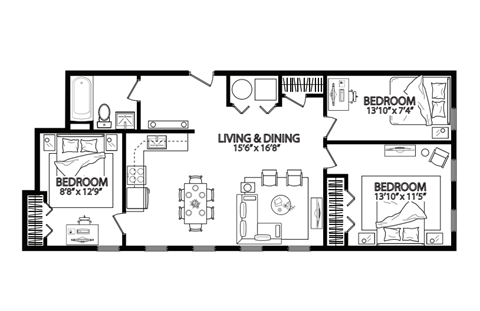 Floor plan for 3 beds, 1 bath, 923 sqft